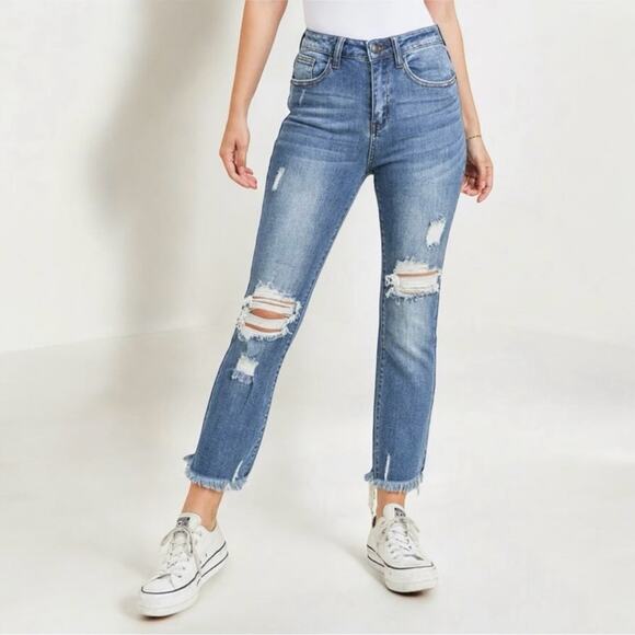 Risen Denim - Risen High Rise Straight Ankle Jeans Distressed Medium Wash Raw Hem, Size 32/15